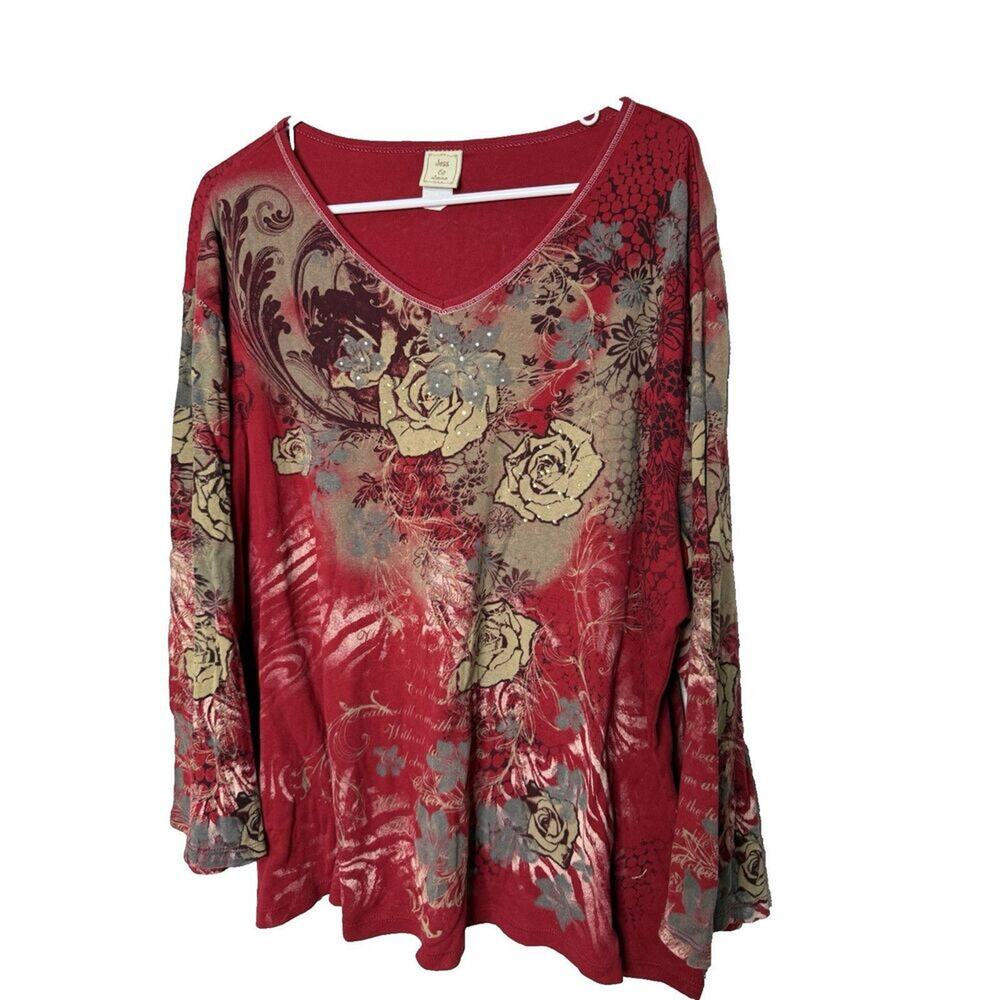 Jess & Jane Top Size 1X Red Rose Floral Sparkle Cotton T Shirt 3/4 sleeve